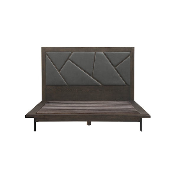 Armen Living Marquis Queen Size Platform Bed Frame in Oak Wood with Faux Leather Headboard and Black Metal Legs LCMUBDGRQN - main